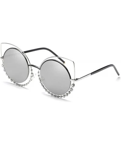 Round Fashion Sexy Cat Eye Sunglasses Women Coating Diamond Round sun glasses - Silver - CX1854CR4CO $20.70