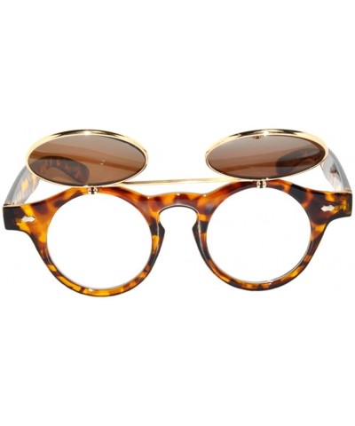 Round New Fashion Vintage Retro Steampunk Wayfarer Circle Flip Up Sunglasses - Leopard-gold - CU11U2PX0XJ $23.26