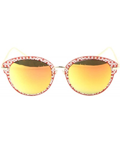 Cat Eye Metal Decorative Frame Flat Rim Round Cat Eye Sunglasses - Red - CX1903WCO90 $12.60