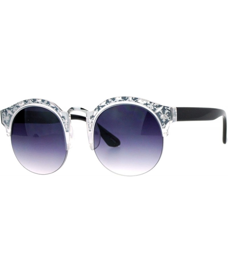 Oversized Womens Round Half Rim Sunglasses Layered Die Cut Design Top UV400 - Silver Black - CZ1882YAEQU $11.51