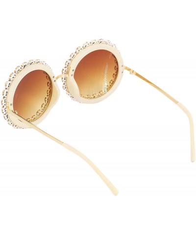 Round Women Fashion Round Pearl Frame Sunglasses UV Protection Sunglasses - Brown Rhinestone - CB18U2I4EQK $26.94