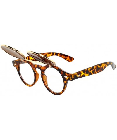 Round New Fashion Vintage Retro Steampunk Wayfarer Circle Flip Up Sunglasses - Leopard-gold - CU11U2PX0XJ $12.40