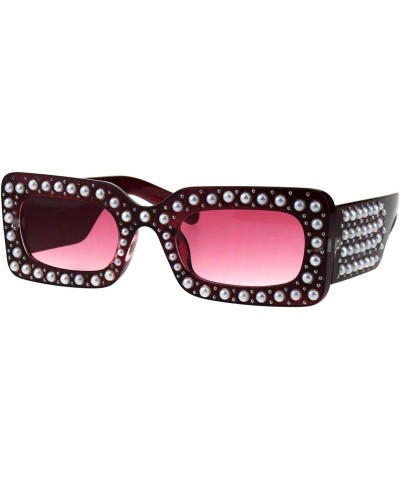 Rectangular Pearls Studded Sunglasses Womens Thick Rectangular Bold Fashion Shades - Red - CO18EU5IMUL $16.17