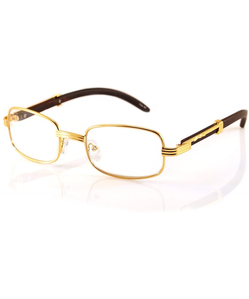 Rectangular Bold Nose Bridge Metal Wood Feel Rectangle Eyeglasses Sunglasses A158 A159 - (Clear) Gold Dark Cherry Brown - CF1...