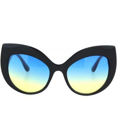 Oversized Womens Owl Brow Cat Eye Thick Plastic Fashion Sunglasses - Black Blue Yellow - CI18OWZHSC2 $18.79