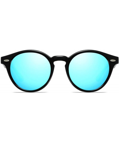 Sport Retro Polarized Sunglasses Round Mirror Lens Horn Rimmed - Black Frame-blue Mirrored - C418LN304YQ $10.80