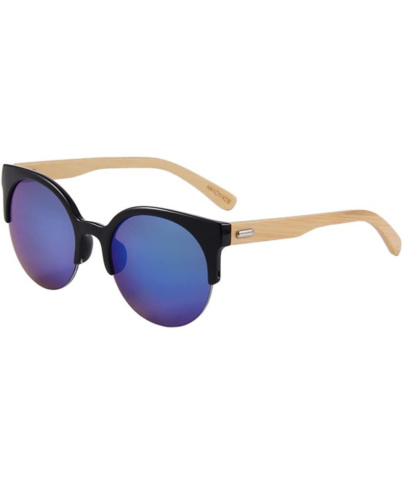 Semi-rimless Bamboo Wood Sunglasses for Men and Women - Retro Round Wooden Sunglasses - Blue Mirror - CU18SX7GACC $12.89