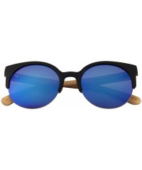 Semi-rimless Bamboo Wood Sunglasses for Men and Women - Retro Round Wooden Sunglasses - Blue Mirror - CU18SX7GACC $12.89