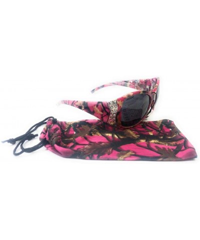 Rectangular Camo Camouflage Western Ladies Sunglasses + Matching Drawstring Case - Fushia Pink Rhinestone - C918DL2ISRR $34.81