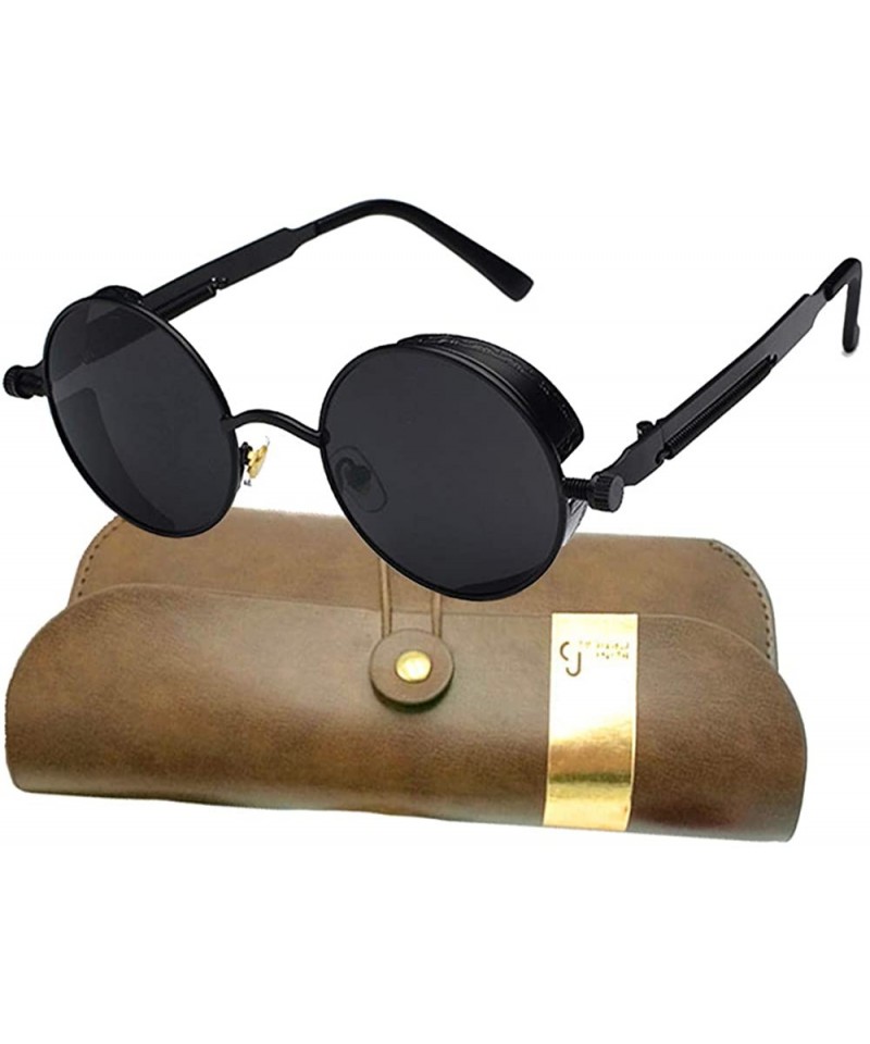 Sport Retro Polarized Steampunk Sunglasses Round Gothic Style Side Shield UV400 Sunglass - Matt Black - CV18U0ND2E7 $19.27