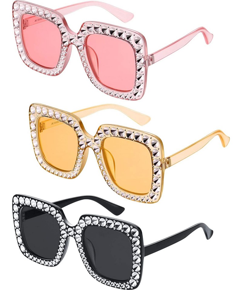 Square Oversize Square Sparkling Sunglasses Retro Thick Frame Sunglasses (Clear Pink - Black - Tawny - 3 Pieces) - CZ18AQW05R...