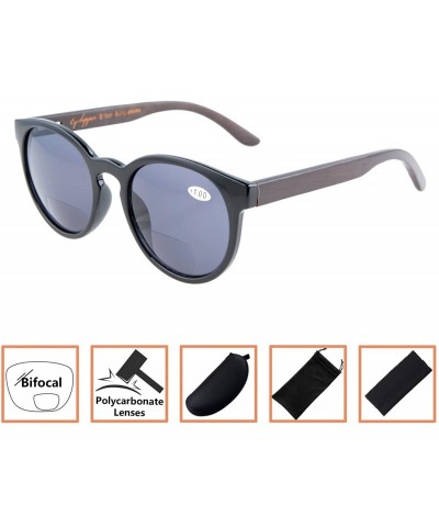 Round Womens Spring Hinges Wood Temples Bifocal Rectangular Polarized Sunglasses - Black - CI180N74KOE $12.22