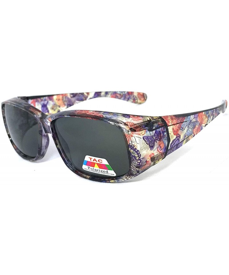 Butterfly Womens Polarized FIT OVER Sunglasses Cover Rx Glasses Rhinestones Floral Prints - Transparent Purple Butterfly - CL...