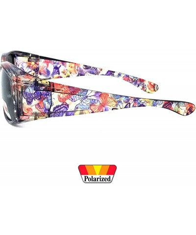 Butterfly Womens Polarized FIT OVER Sunglasses Cover Rx Glasses Rhinestones Floral Prints - Transparent Purple Butterfly - CL...