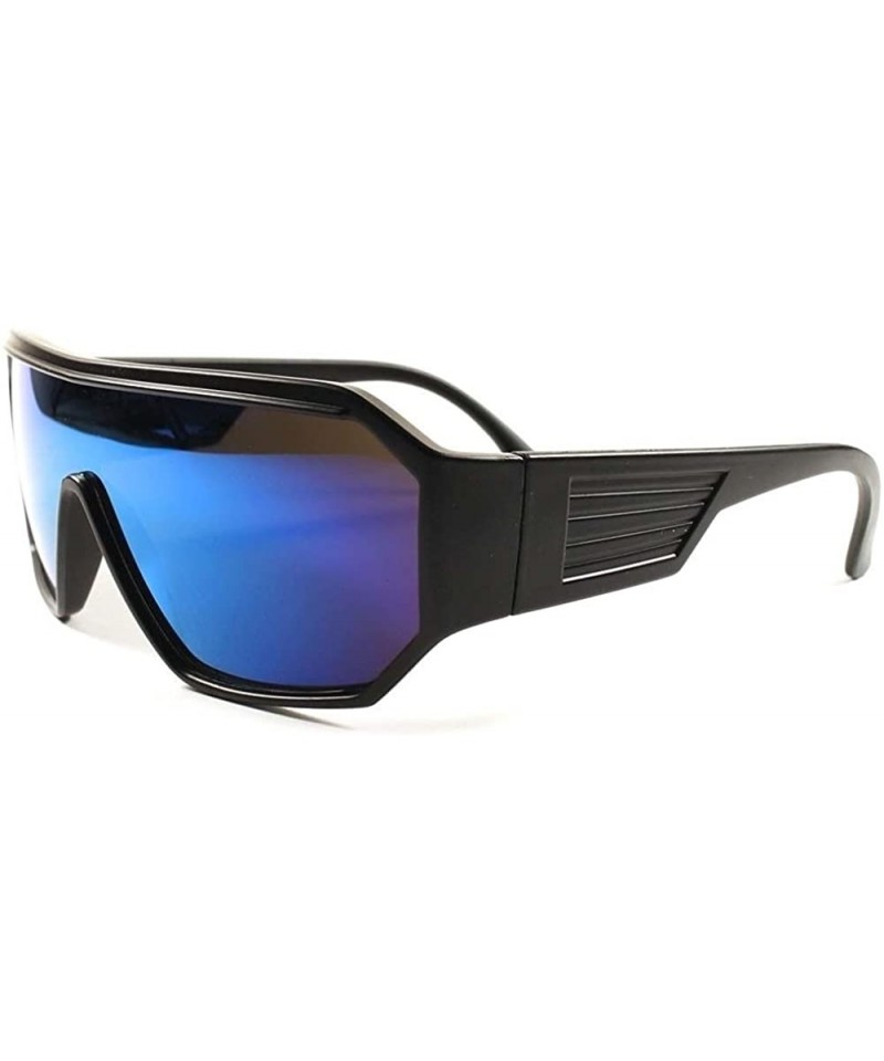 Shield Retro Futuristic Party Rave Sci-Fi Mirrored Lens Wrap Shield Sun Glasses - Black / Blue - CH189AN28AT $17.86