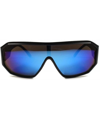 Shield Retro Futuristic Party Rave Sci-Fi Mirrored Lens Wrap Shield Sun Glasses - Black / Blue - CH189AN28AT $17.86