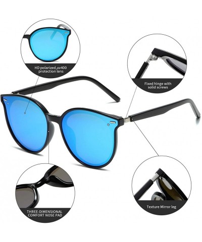 Round Classic Round Polarized Sunglasses For Women Retro Vintage UV Protection - Black Frame/Blue Mirrored Lens - CN197EX8XH0...