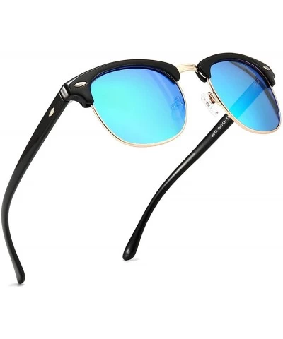 Semi-rimless Classic Half Frame Retro Sunglasses with Polarized Lens - Black Plastic Frame Glossy Finish/Blue Mirror Lens - C...