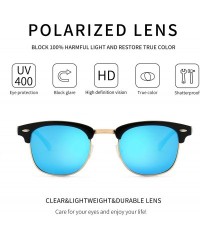 Semi-rimless Classic Half Frame Retro Sunglasses with Polarized Lens - Black Plastic Frame Glossy Finish/Blue Mirror Lens - C...