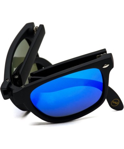 Square Polarized Modern Black Square Foldable Sunglasses with Case - Matte Black Frame / Mirror Blue Polarized Lens - CC188HD...