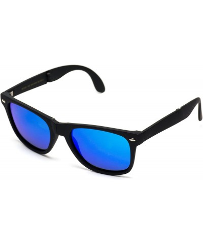 Square Polarized Modern Black Square Foldable Sunglasses with Case - Matte Black Frame / Mirror Blue Polarized Lens - CC188HD...