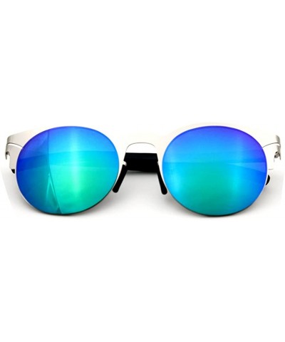 Oval Half Frame Sunglasses Metal Frame Round Color Film Lens - Silver/Blue - CN11ZIRHODD $12.38