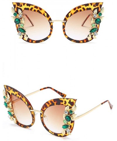 Round Green Crystal Gold Leaf Cateye Sunglasses - Leopard Frame Brown Lens - C518OAIZ22D $22.87