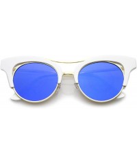 Cat Eye Women's Oversize Cutout Brow Bar Mirror Round Flat Lens Cat Eye Sunglasses 51mm - White-gold / Blue Mirror - C317YHOZ...