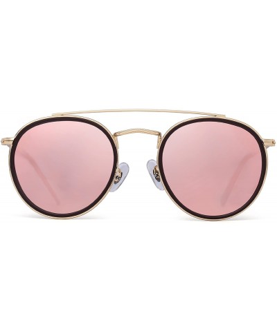 Aviator Small Polarized Round Sunglasses for Women Vintage Double Bridge Frame - Gold Frame / Polarized Mirror Pink Lens - CE...