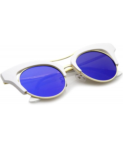 Cat Eye Women's Oversize Cutout Brow Bar Mirror Round Flat Lens Cat Eye Sunglasses 51mm - White-gold / Blue Mirror - C317YHOZ...