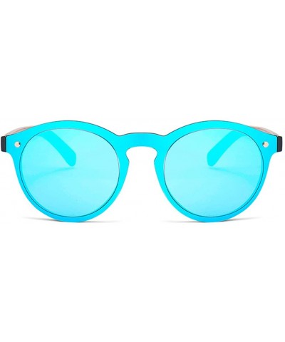 Round Mens Wood Sunglasses Mirror Women Sun Glasses Round One Pieces Lens Eyewear 2019 - Blue Mirror - CG18IL5NMMC $9.93