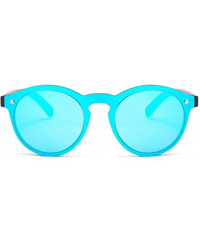 Round Mens Wood Sunglasses Mirror Women Sun Glasses Round One Pieces Lens Eyewear 2019 - Blue Mirror - CG18IL5NMMC $9.93