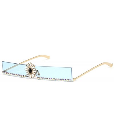 Rectangular new trend narrow side rectangular diamond sunglasses ladies metal rhinestone marine color sunglasses - Blue - C51...