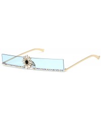 Rectangular new trend narrow side rectangular diamond sunglasses ladies metal rhinestone marine color sunglasses - Blue - C51...