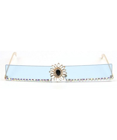 Rectangular new trend narrow side rectangular diamond sunglasses ladies metal rhinestone marine color sunglasses - Blue - C51...