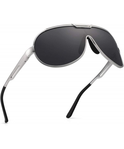 Oversized Retro Aviator Polarized Sunglasses for Men Al-Mg Metal Frame Ultra Light - Silver Frame/Grey Lens - C118N6RIDNH $24.84