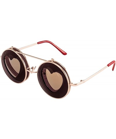 Round Color Mirror Heart Cut Out Flip Shield Round Sunglasses - Red - CX1903TY4W3 $16.58