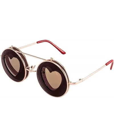 Round Color Mirror Heart Cut Out Flip Shield Round Sunglasses - Red - CX1903TY4W3 $25.57