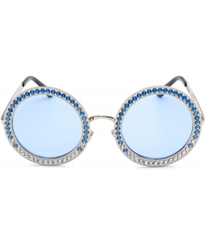 Round Women Diamond Rhinestone Sunglasses Oversized Round Metal Frame - Blue Tinted Lens - C918SHUE5GU $30.29