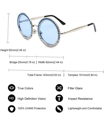 Round Women Diamond Rhinestone Sunglasses Oversized Round Metal Frame - Blue Tinted Lens - C918SHUE5GU $15.34