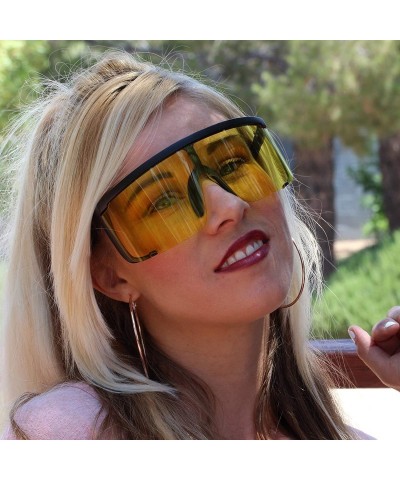 Wayfarer Unisex Oversized Super Shield Mirrored Lens Sunglasses Retro Flat Top Matte Black Frame - Yellow - C018Q264295 $24.53