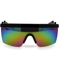 Rectangular Mirrored Lens Light Bolt Arm Funky Futuristic Shield Plastic Half Rim Sunglasses - Black Oil Slick Mirror - C6198...