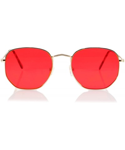 Square Minimalist Hexagonal Metal Frame Color Tinted/Clear Flat Lens Sunglasses A021 - Z.gold/ Red - CI180G5EC2I $11.38