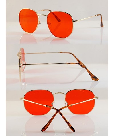 Square Minimalist Hexagonal Metal Frame Color Tinted/Clear Flat Lens Sunglasses A021 - Z.gold/ Red - CI180G5EC2I $11.38