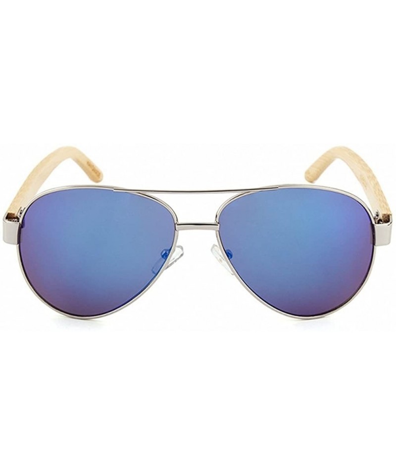 Oversized Men Women Aviator Polarized Wood Sunglasses UV400 - Silver Frame Blue Lens - CD18369N5I2 $26.68
