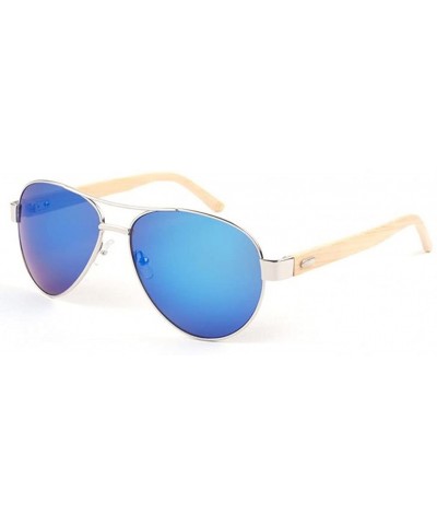 Oversized Men Women Aviator Polarized Wood Sunglasses UV400 - Silver Frame Blue Lens - CD18369N5I2 $25.62