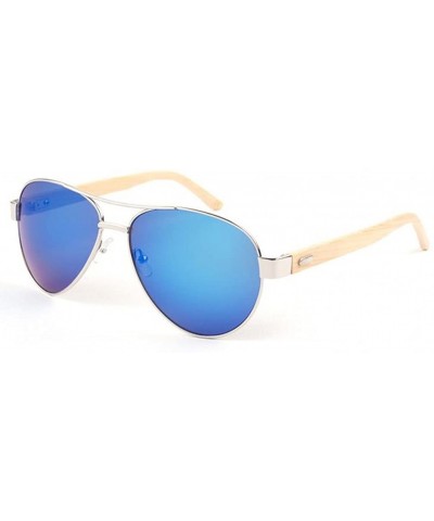 Oversized Men Women Aviator Polarized Wood Sunglasses UV400 - Silver Frame Blue Lens - CD18369N5I2 $16.15