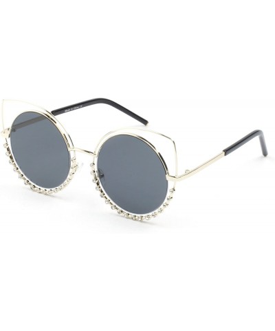 Cat Eye Women's Metal Crystal Studded Dual Rim Cat-Eye Sunglasses - Gold - Black - CX18QG0SW2D $28.81