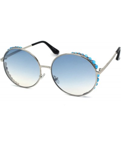 Round Womens Large Rhinestone Visor Trim Round Circle Lens Sunglasses - Silver Blue - CZ1972X07SS $16.39