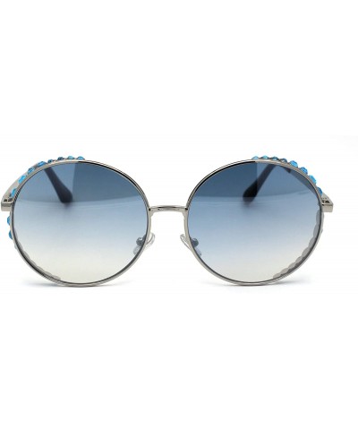 Round Womens Large Rhinestone Visor Trim Round Circle Lens Sunglasses - Silver Blue - CZ1972X07SS $16.39